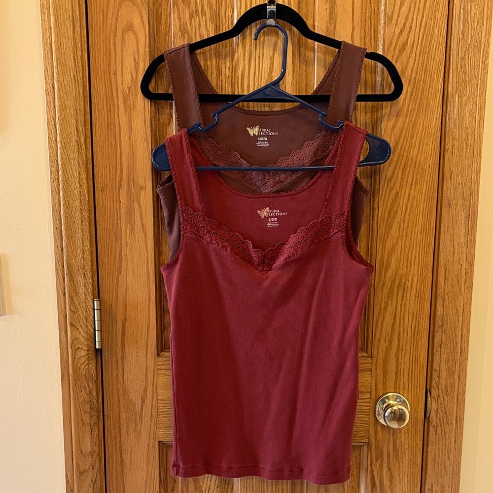 2 Natural Reflections Wine and Brown Lace-Trim Tank Tops